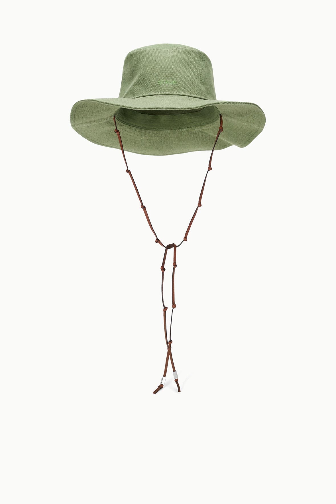 Green canvas bucket hat with wide brim and brown chin drawstring cord