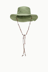 Green canvas bucket hat with wide brim and brown chin drawstring cord