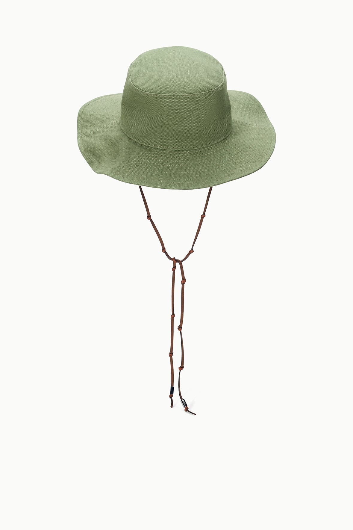 Green bucket hat with wide brim and adjustable brown chin cord tie