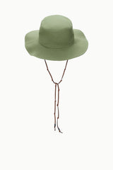 Green bucket hat with wide brim and adjustable brown chin cord tie