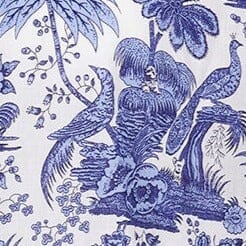Blue toile fabric panel with botanical and bird print for Marza pant.