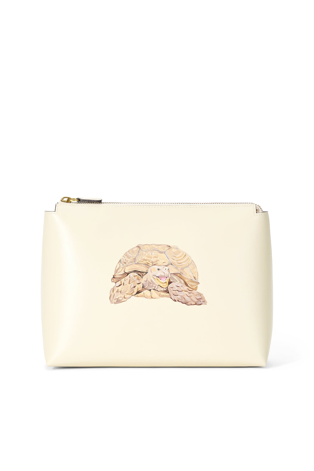 Cream pouch with zipper top and illustrated curled dog on front
