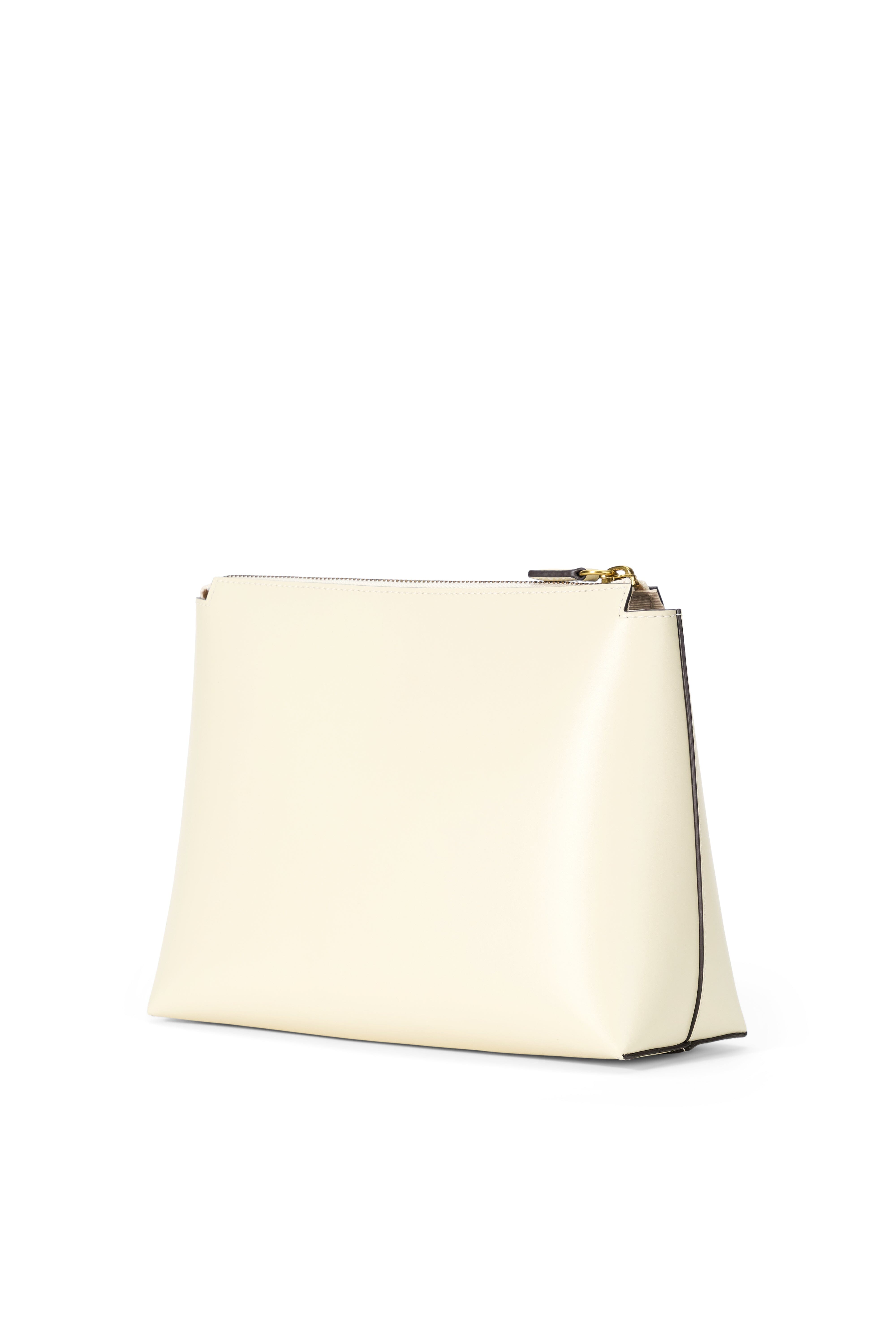 Cream pouch with structured fold and gold-tone top zipper