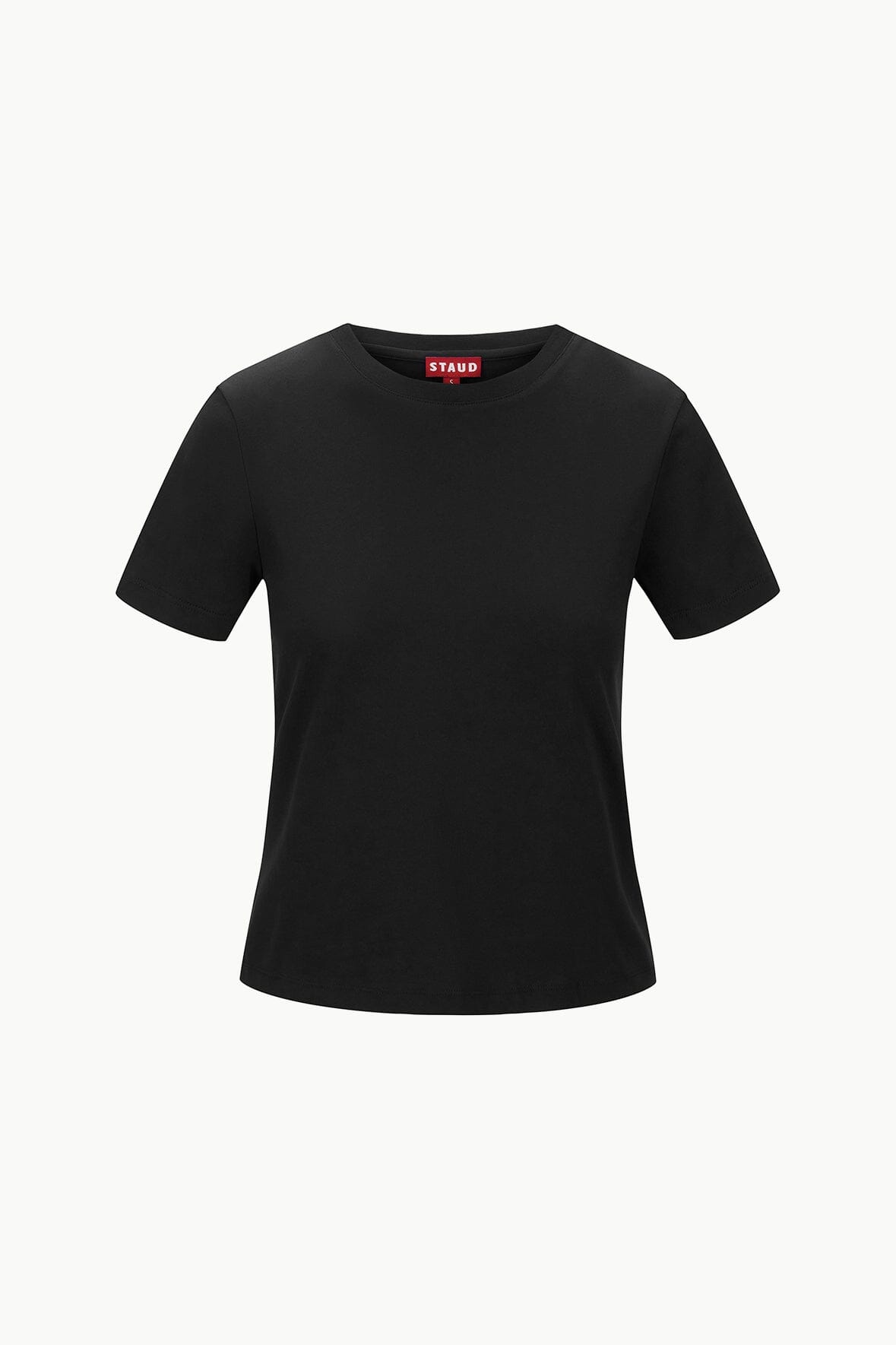 Black crew neck T-shirt with short sleeves, plain front.
