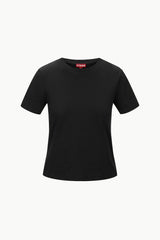 Black crew neck T-shirt with short sleeves, plain front.