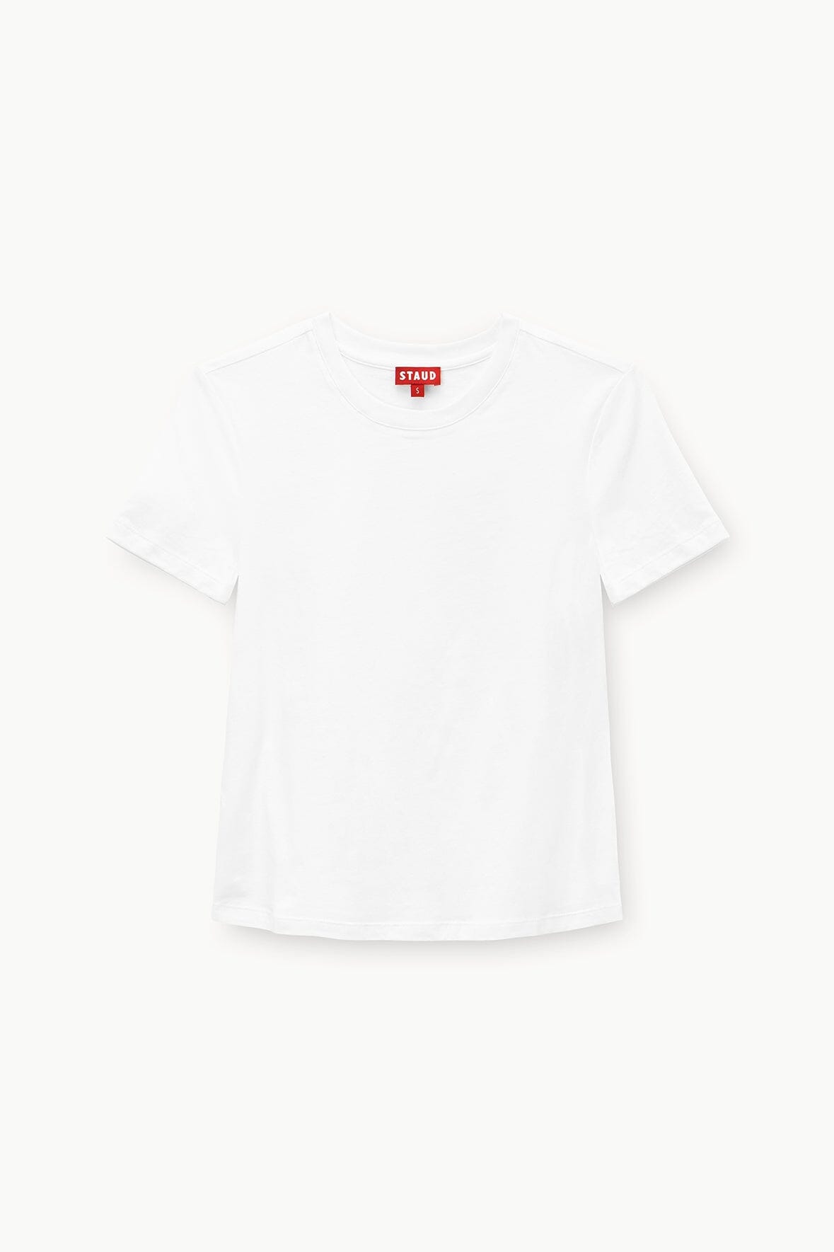 White crew neck T-shirt with short sleeves, plain front
