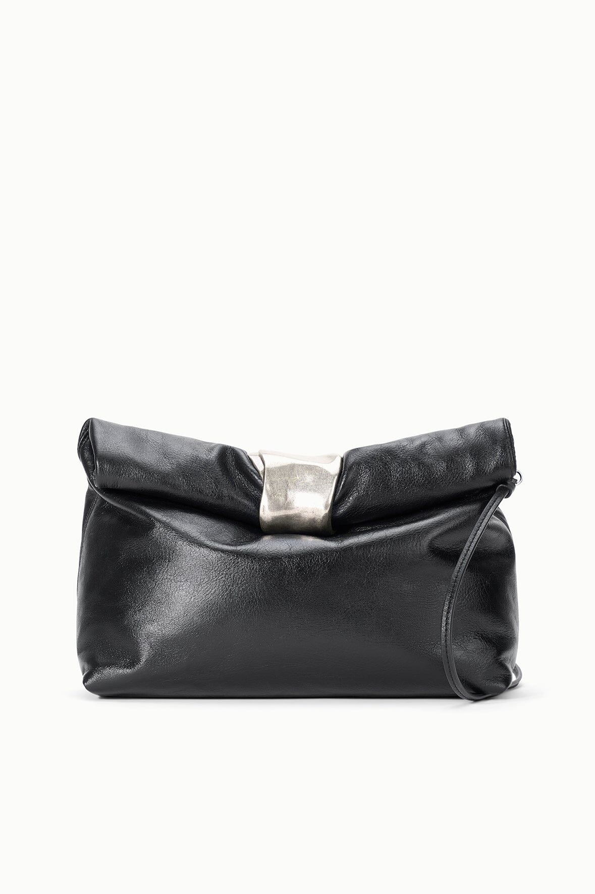 Black leather cuff clutch bag with folded top flap, silver-tone clasp, and wrist strap
