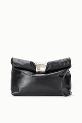 Black leather cuff clutch bag with folded top flap, silver-tone clasp, and wrist strap