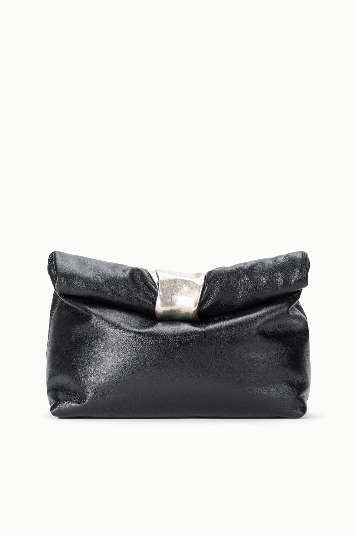 Black leather cuff clutch bag with folded top flap and silver-tone clasp, side wrist strap