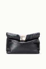 Black leather cuff clutch bag with folded top flap and silver-tone clasp, side wrist strap