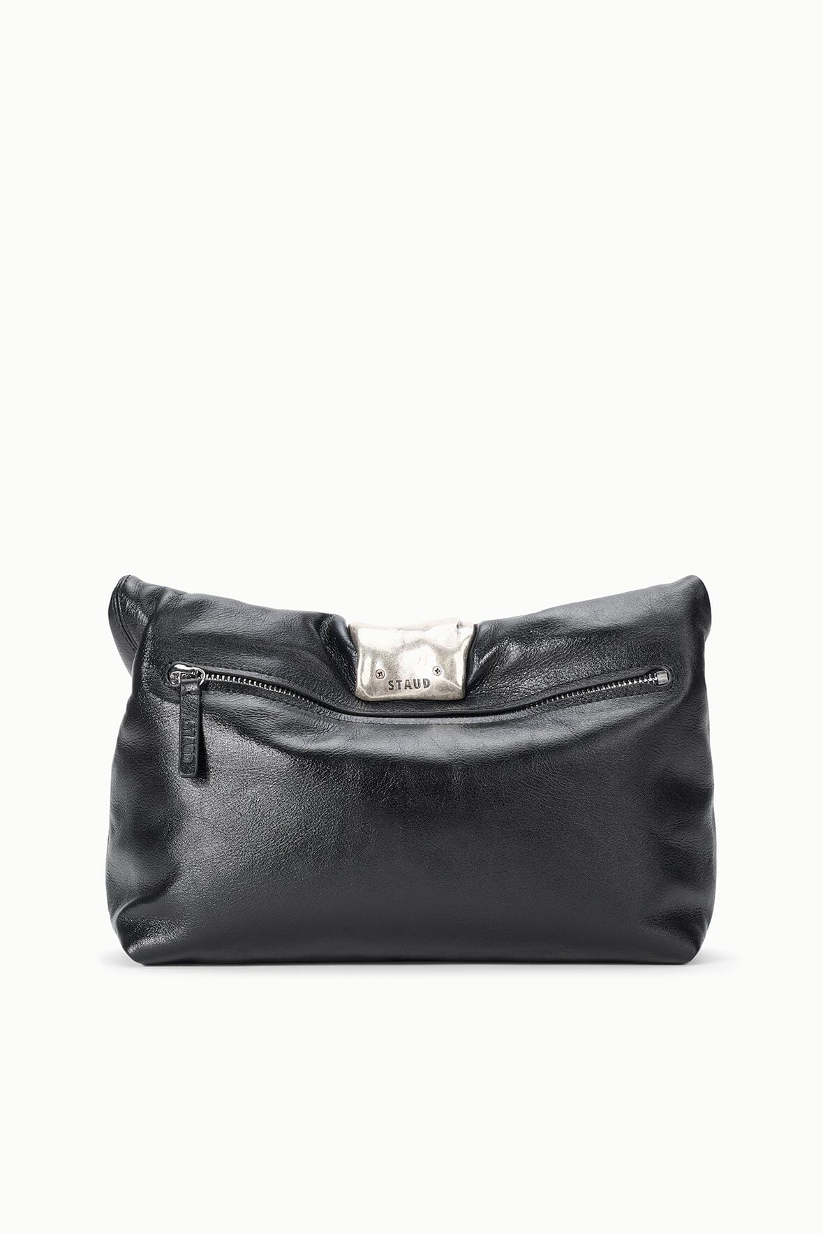 Black leather cuff clutch bag with front zipper detail and silver-tone hardware