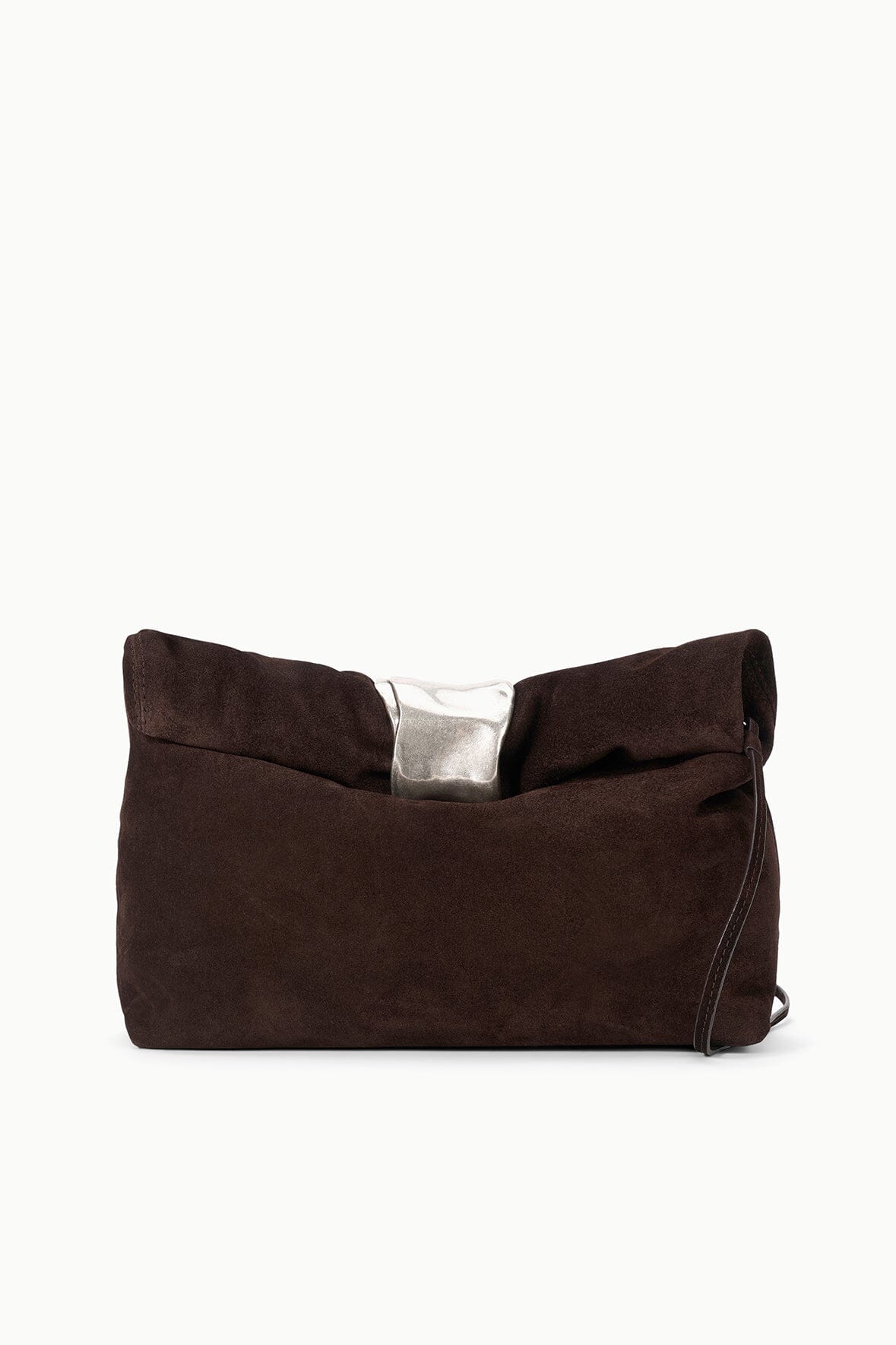 Espresso suede cuff clutch with silver-tone snap bar closure