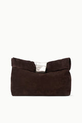 Espresso suede cuff clutch with folded cuff and snap bar closure