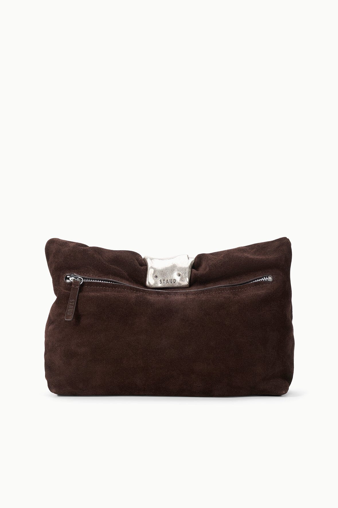 Espresso suede cuff clutch with zipper detailing and snap bar closure