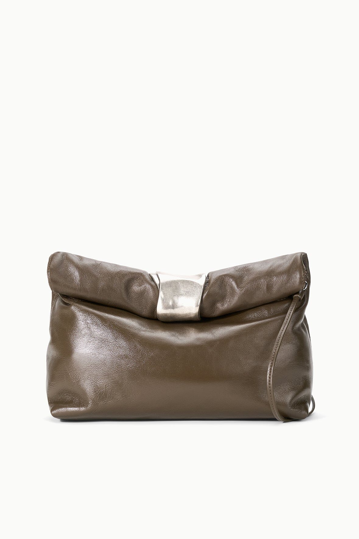 Dark taupe leather cuff clutch with curved folded top and side zipper detail