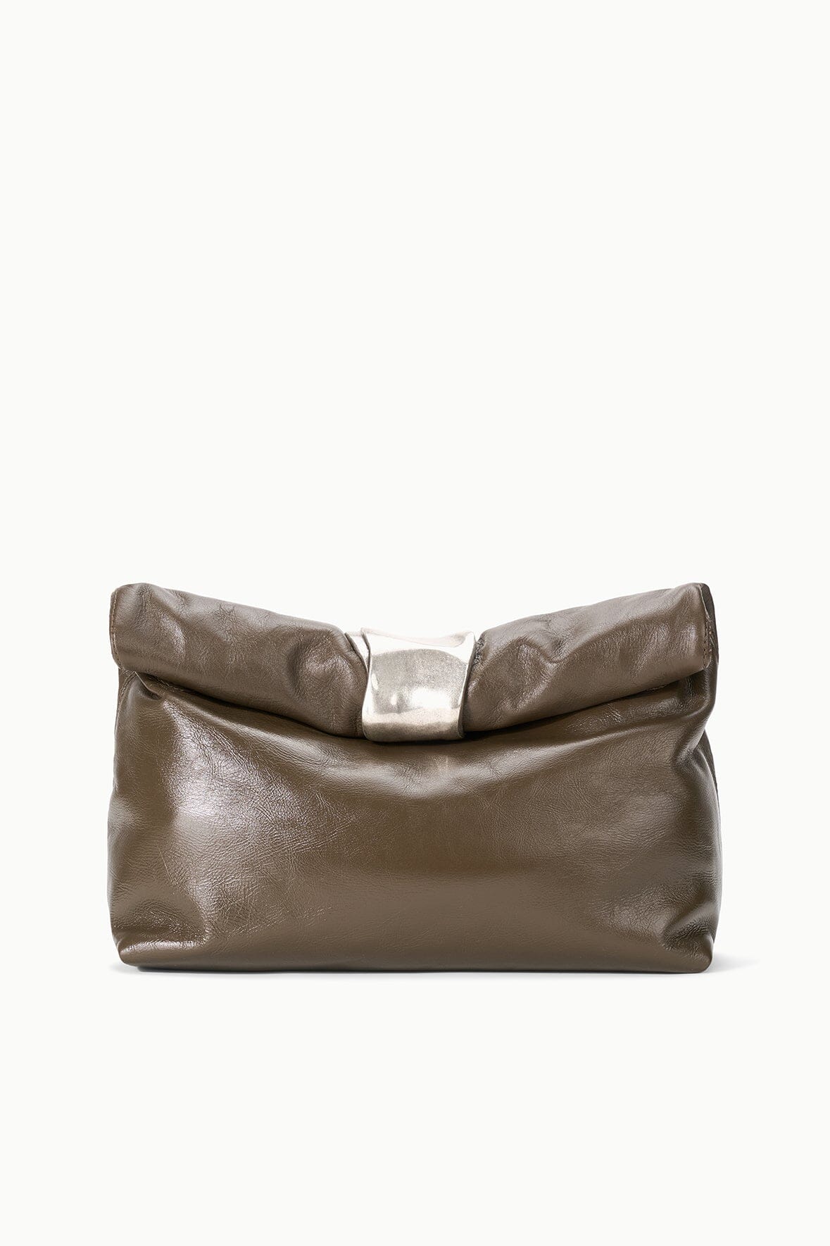 Dark taupe leather cuff clutch with folded cuff and silver top clasp