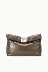 Dark taupe leather cuff clutch with folded cuff and silver top clasp