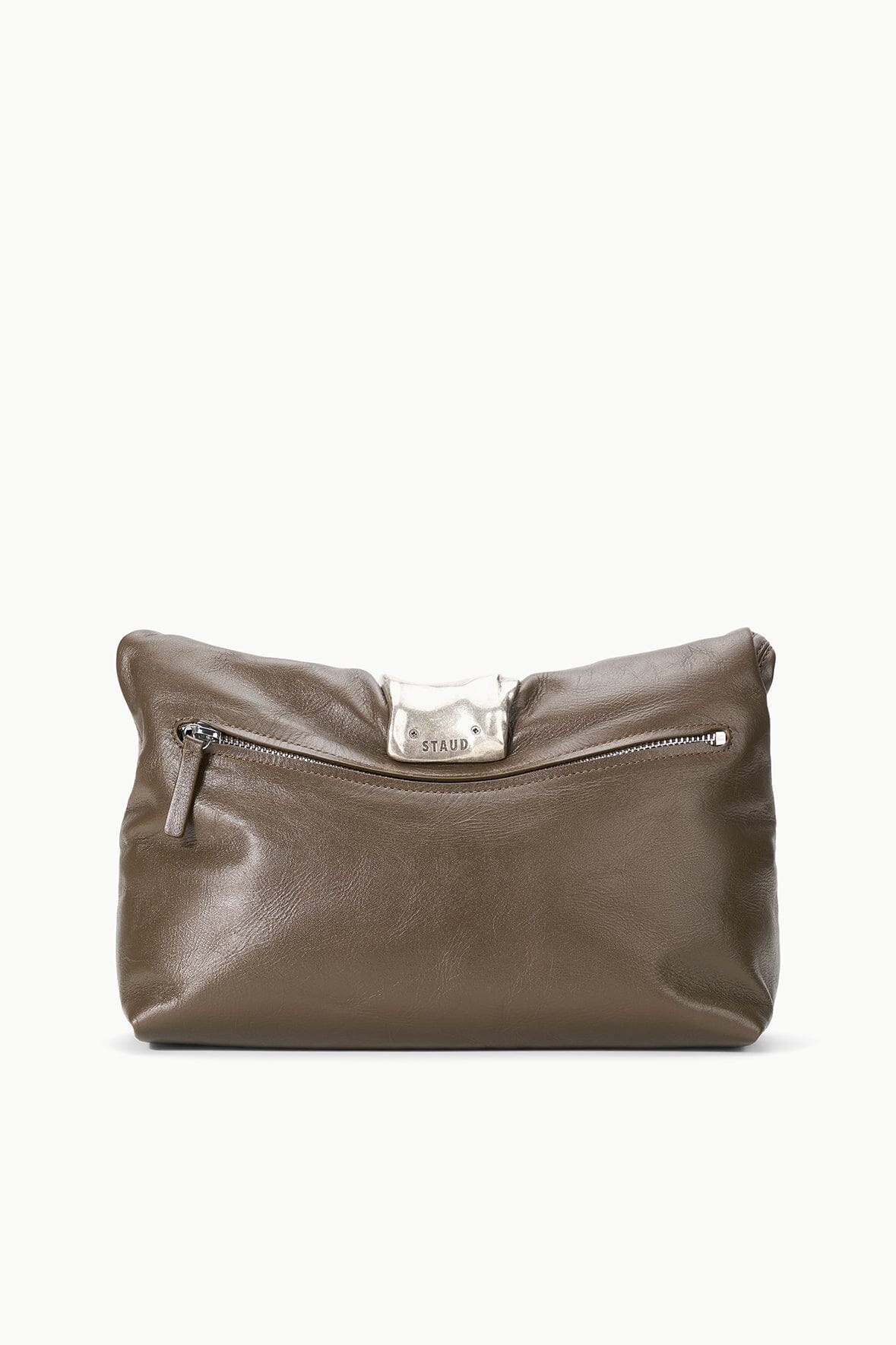 Dark taupe leather cuff clutch with zipper and snap-top, structured small bag