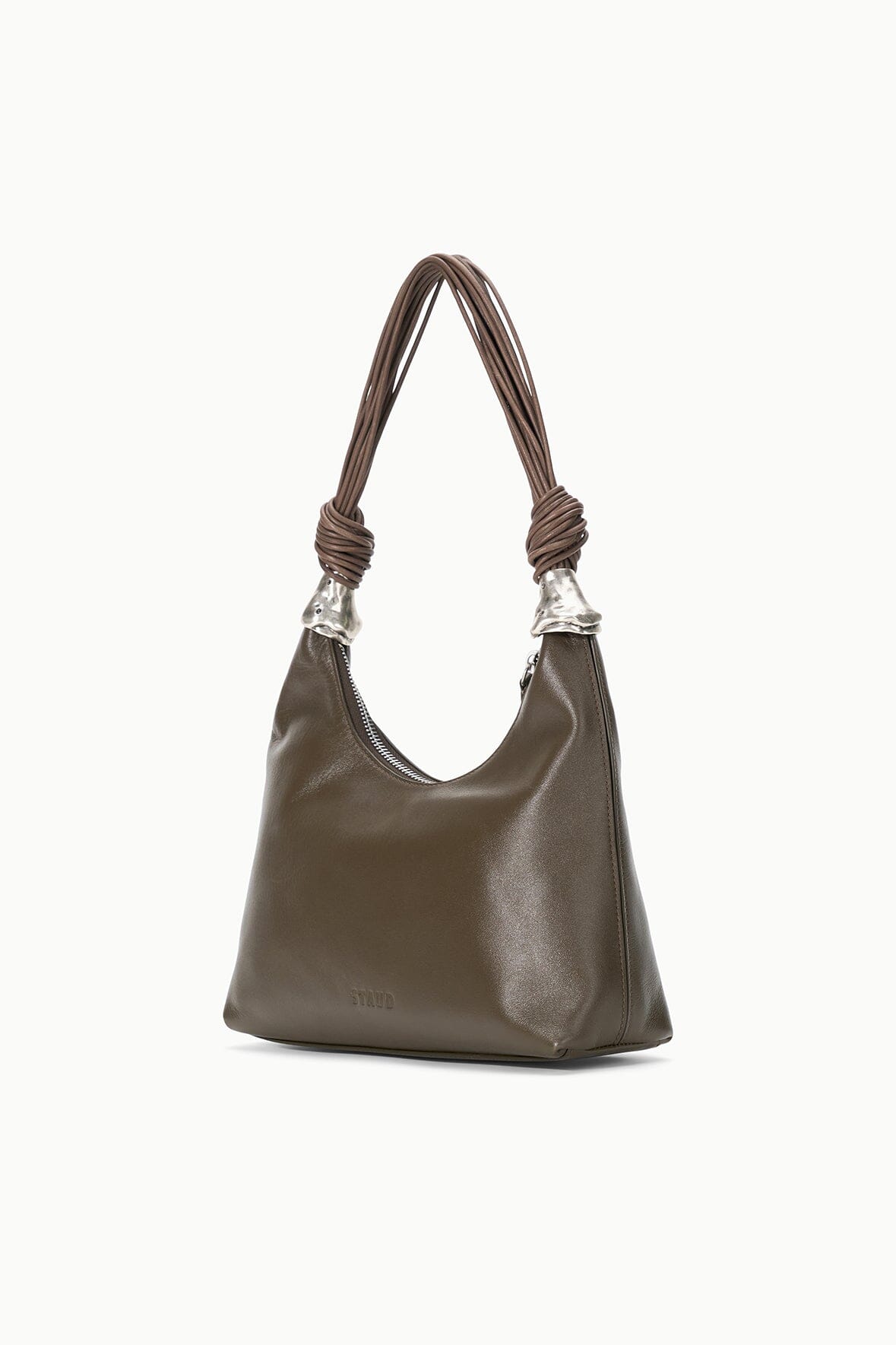 Truffle brown slouchy shoulder bag with braided handles and silver hardware