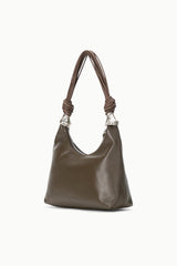 Truffle brown slouchy shoulder bag with braided handles and silver hardware