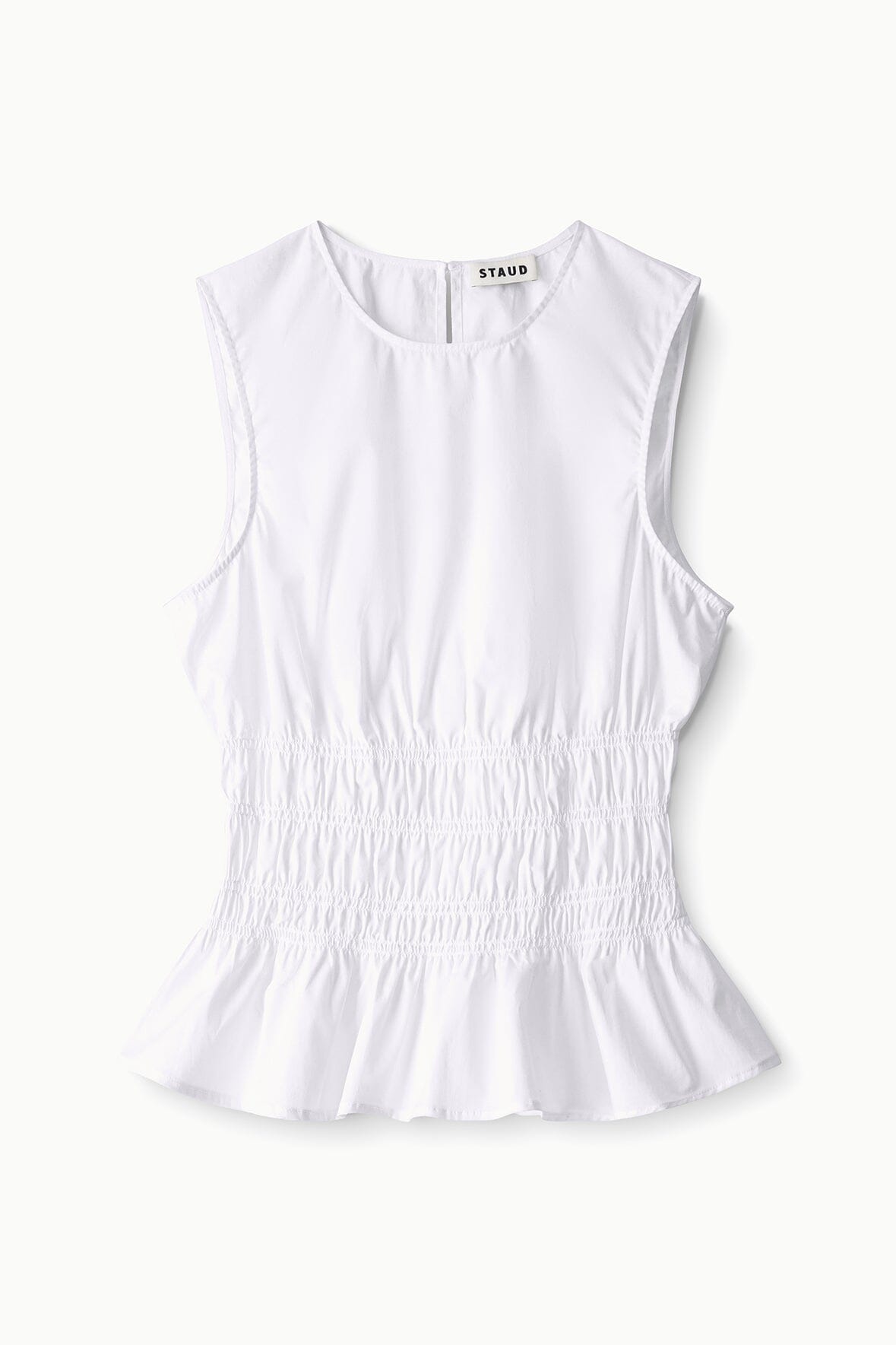 White sleeveless peplum top with round neck, gathered smocked waist, ruffled hem
