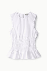White sleeveless peplum top with round neck, gathered smocked waist, ruffled hem