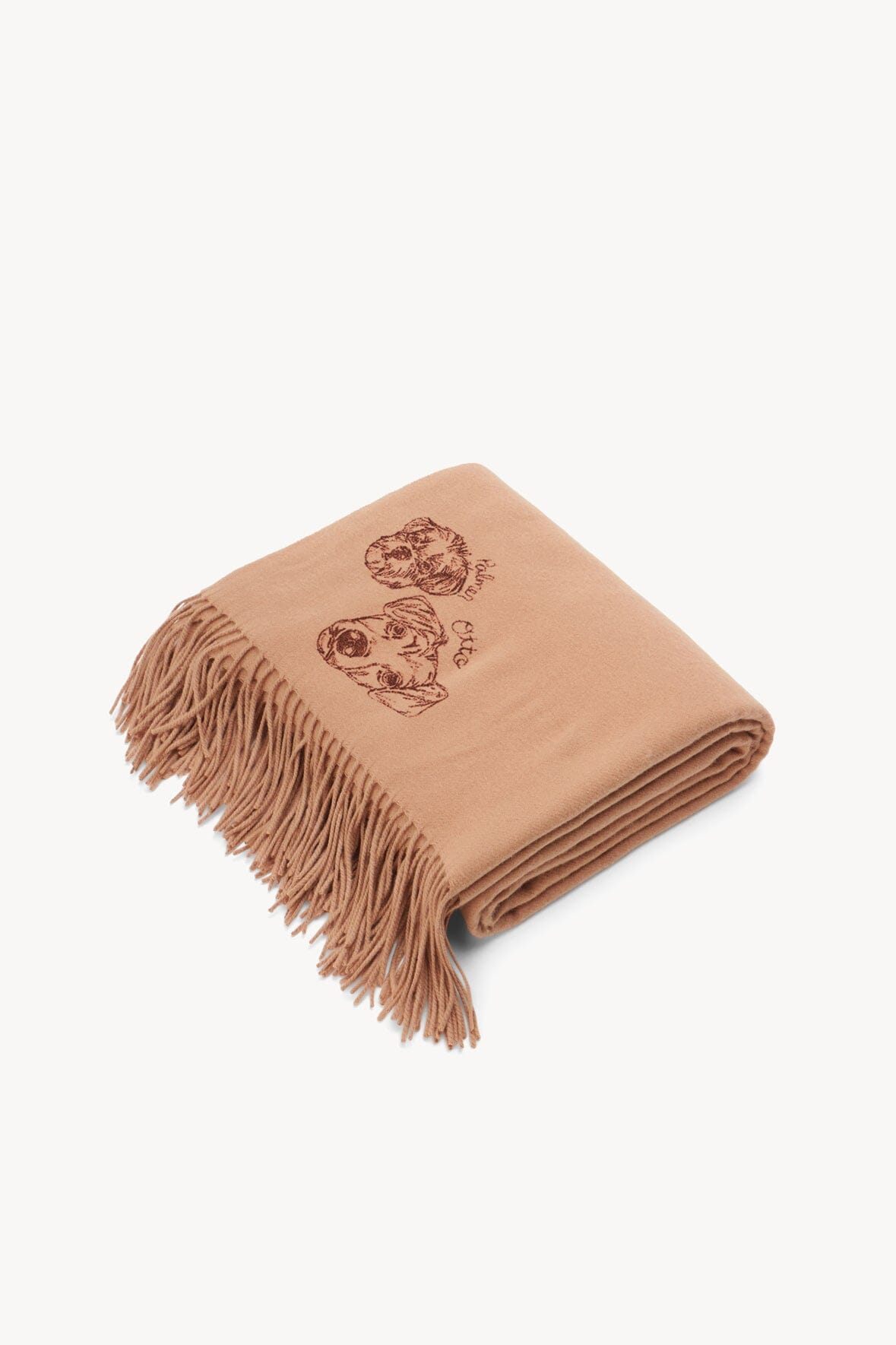 Camel cashmere blanket with fringe edges and dog-face embroidery