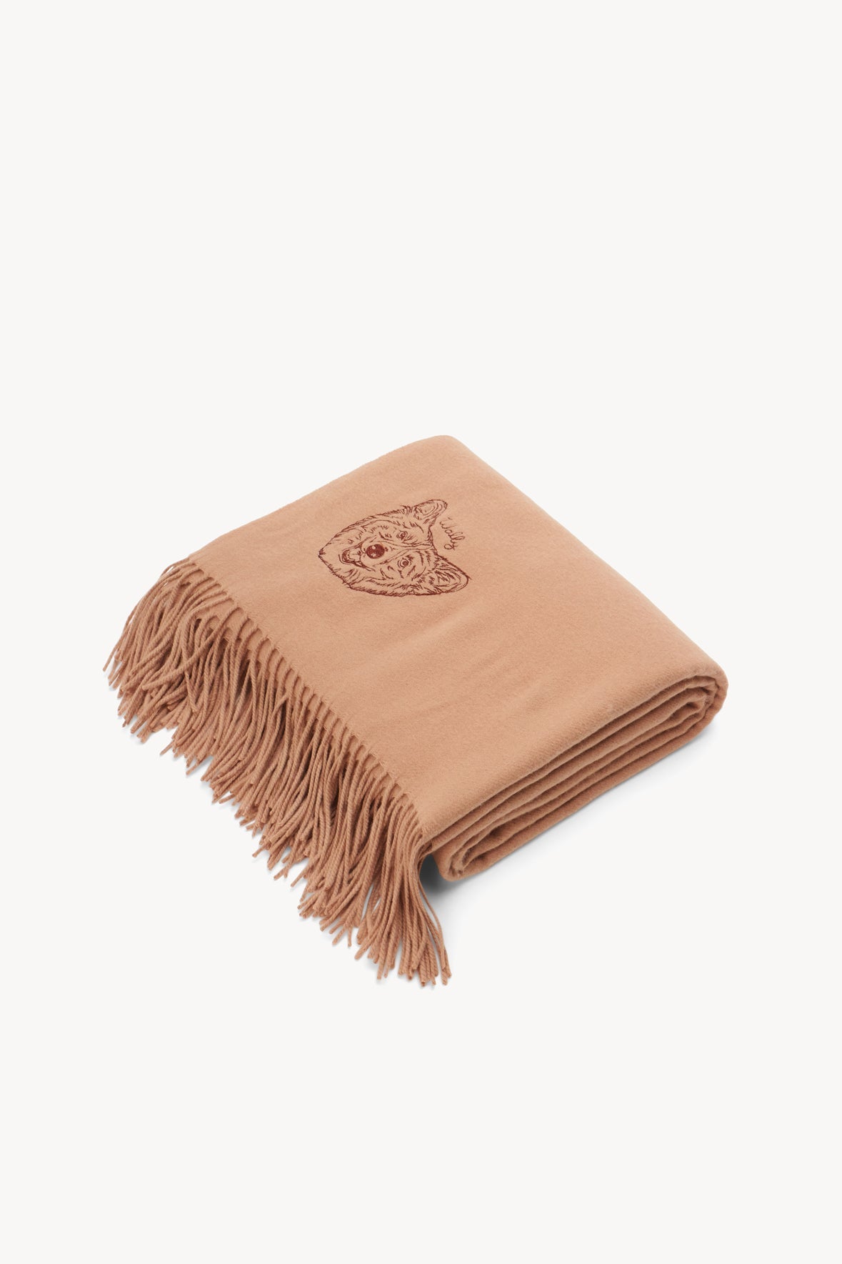 Camel cashmere blanket with embroidered crest and fringed border