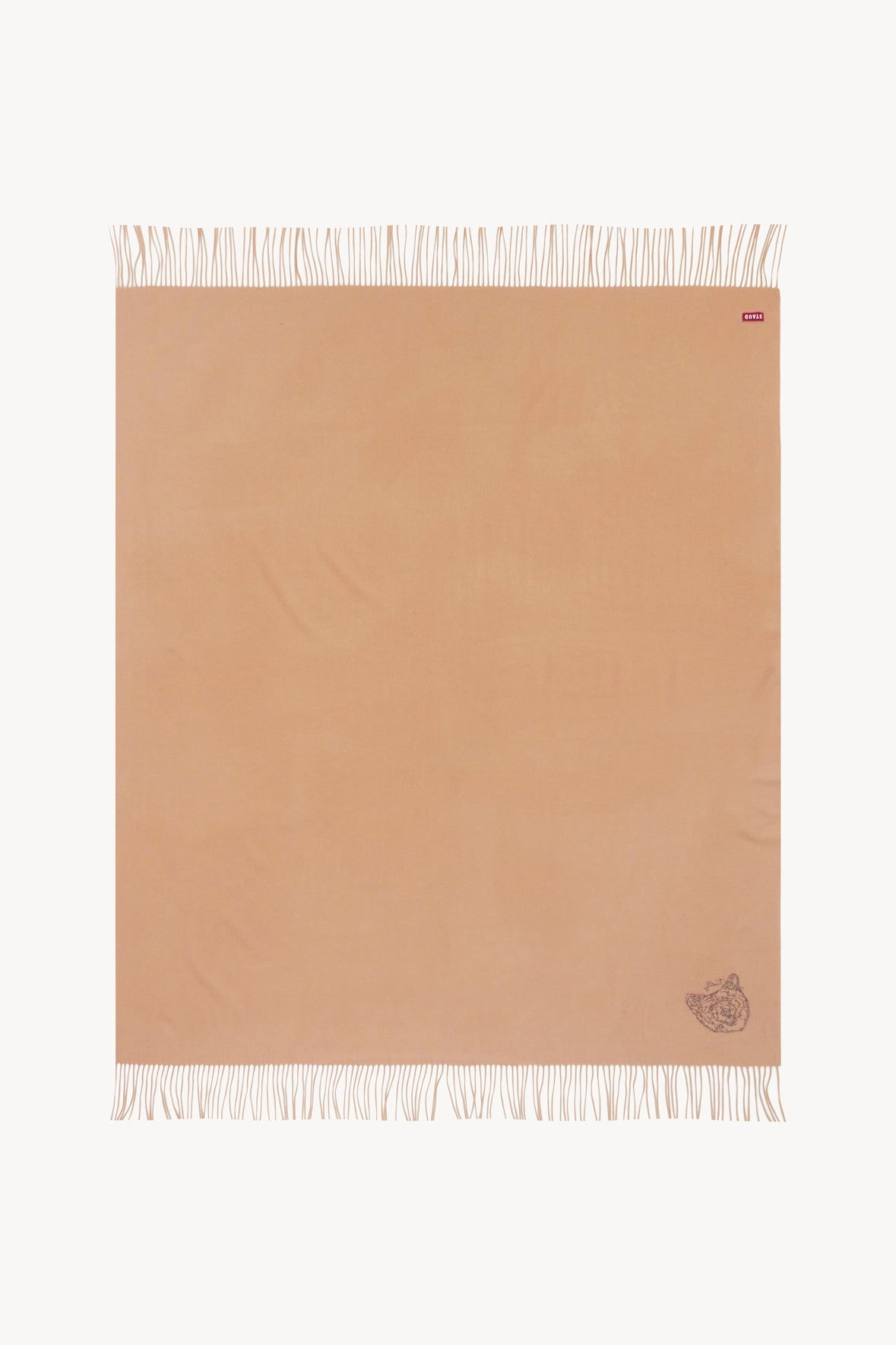 Camel cashmere blanket square with small embroidered crest and fringe border