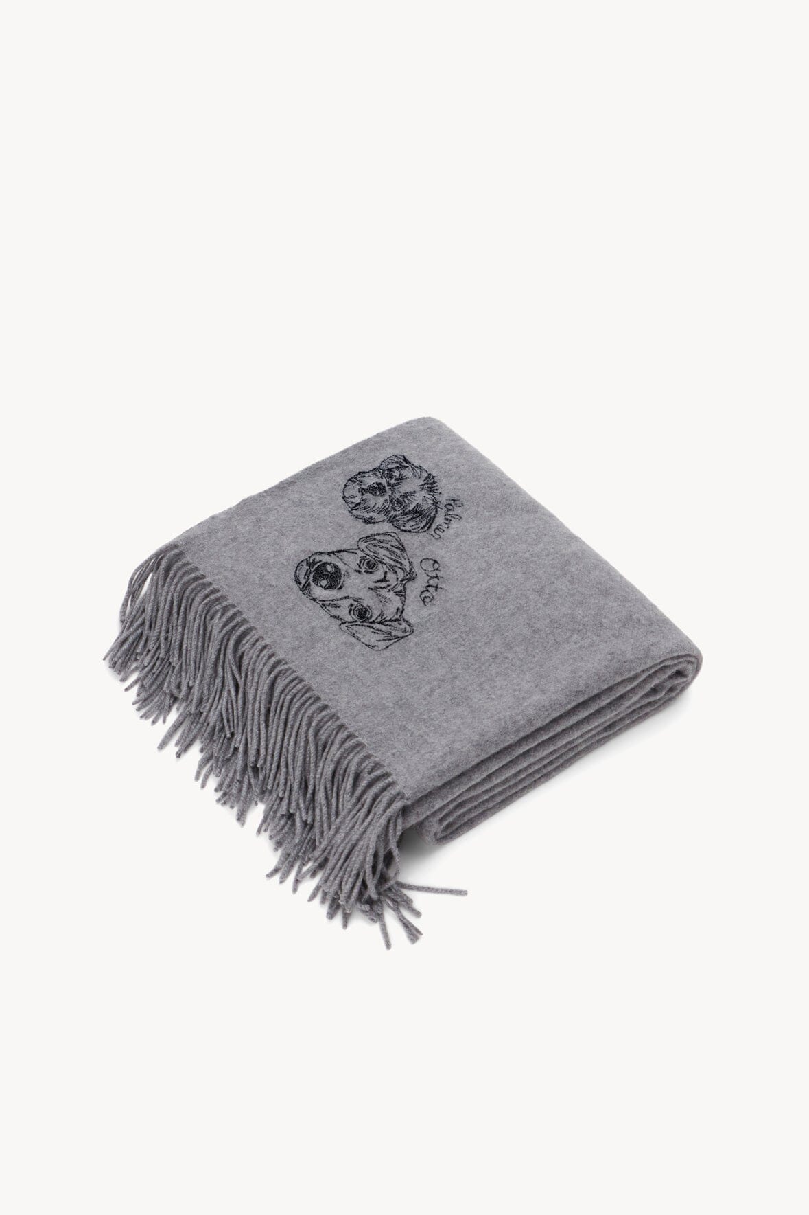 C.BONZ cashmere blanket in grey with fringed edge and embroidered pet face