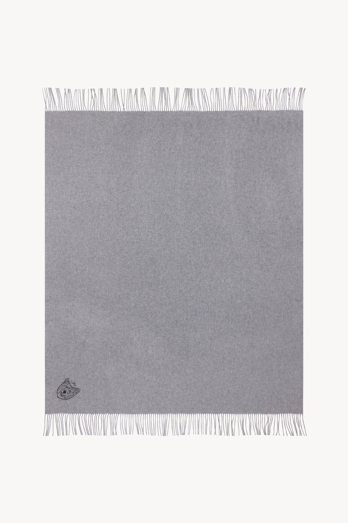 Grey cashmere blanket square with fringe border and small embroidered emblem