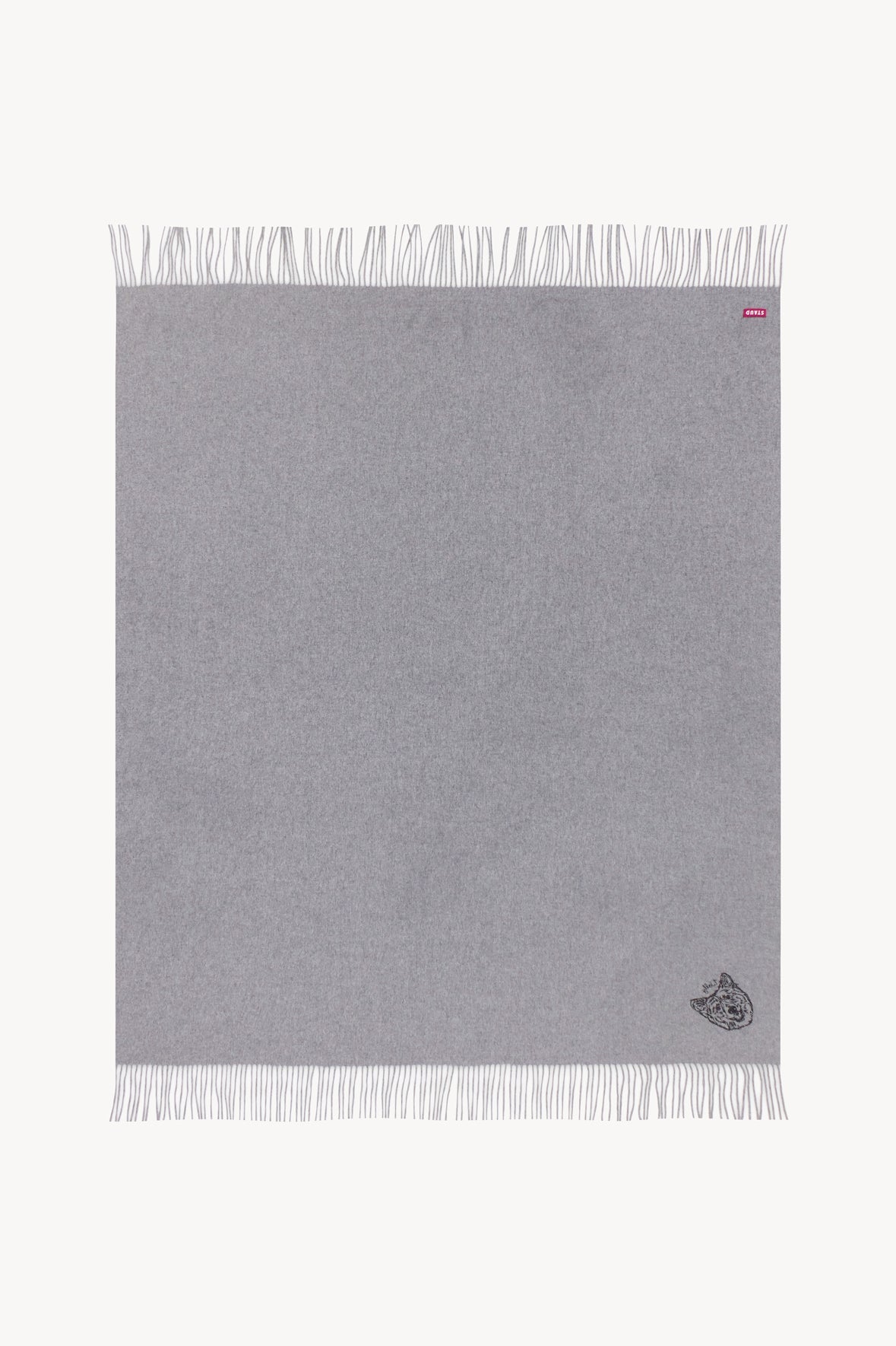 Grey cashmere blanket square with fringe border and embroidered corner logo
