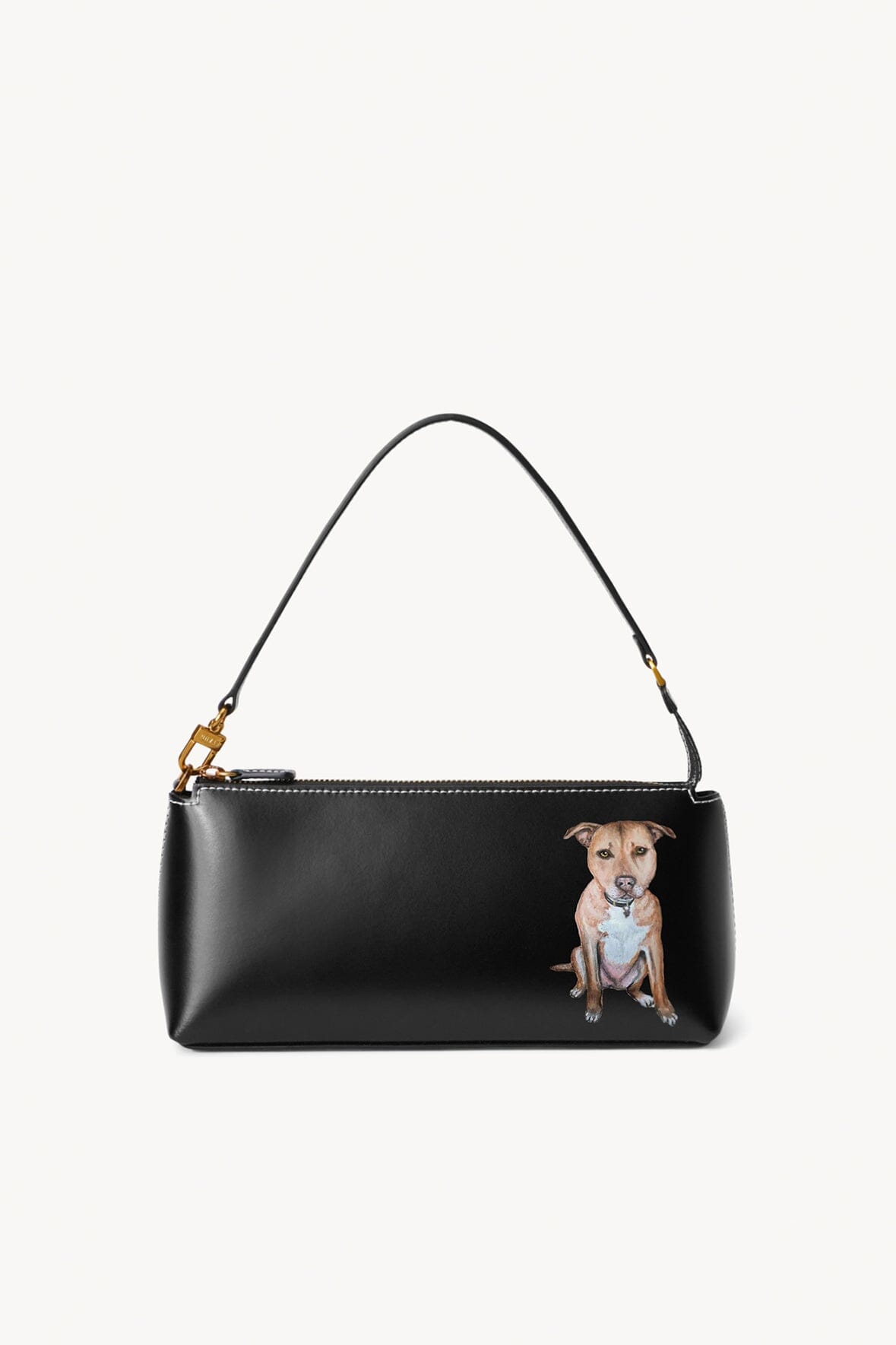 Black Kaia shoulder bag with single-dog photo graphic and gold hardware
