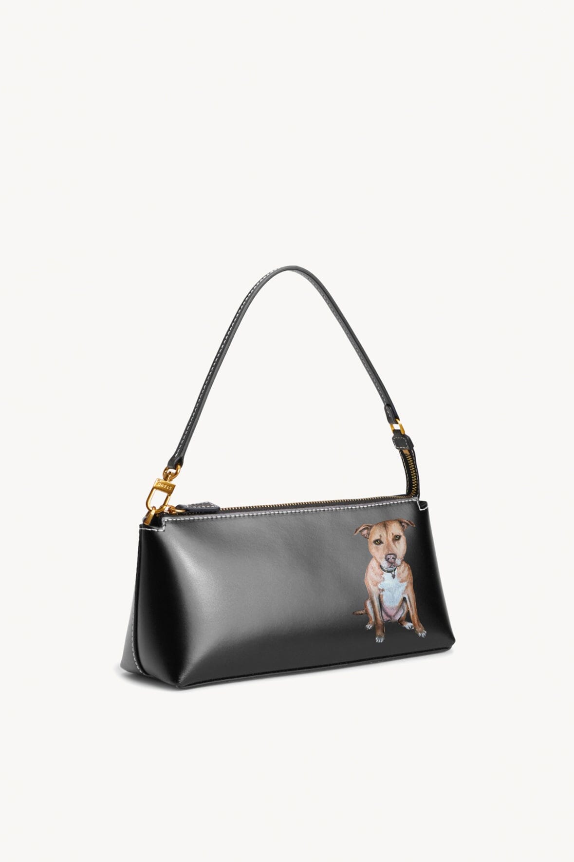 Black Kaia top-handle bag with dog photo badge and contrasting strap