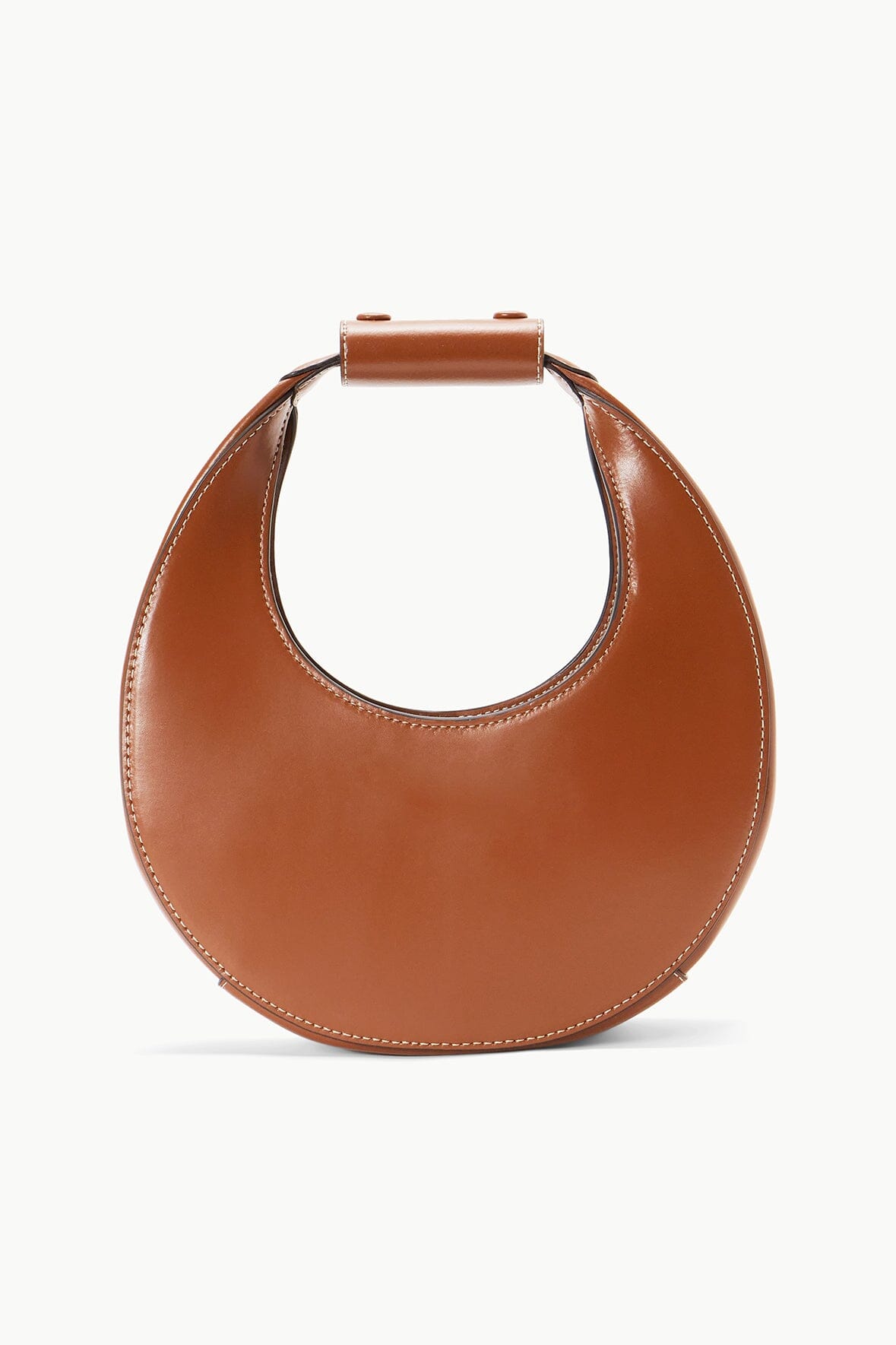 Tan mini moon bag with rounded moon shape and top handle, open center.
