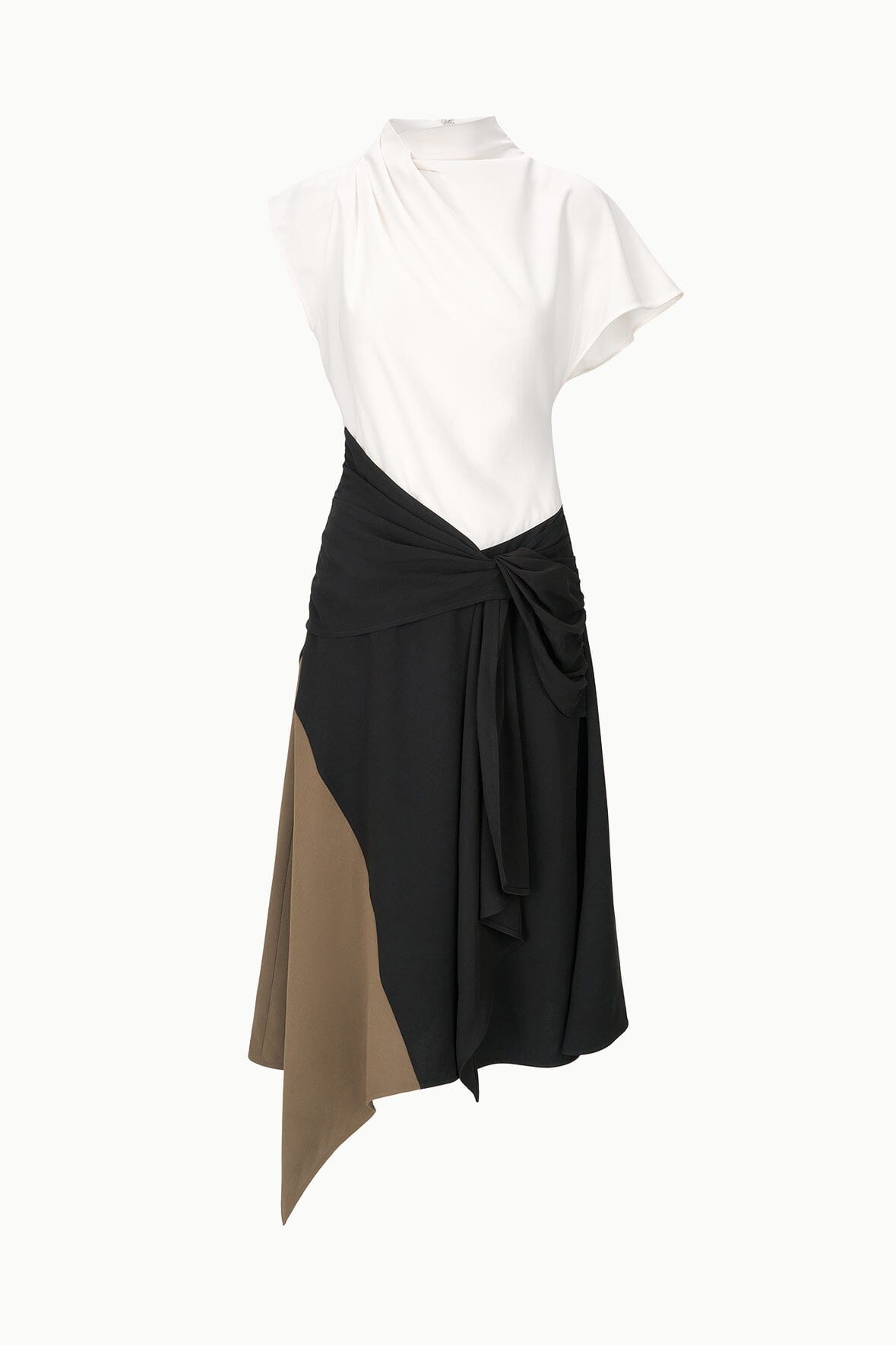 Mock-neck color-block dress with short sleeves, tied waist, black wrap skirt with beige panel