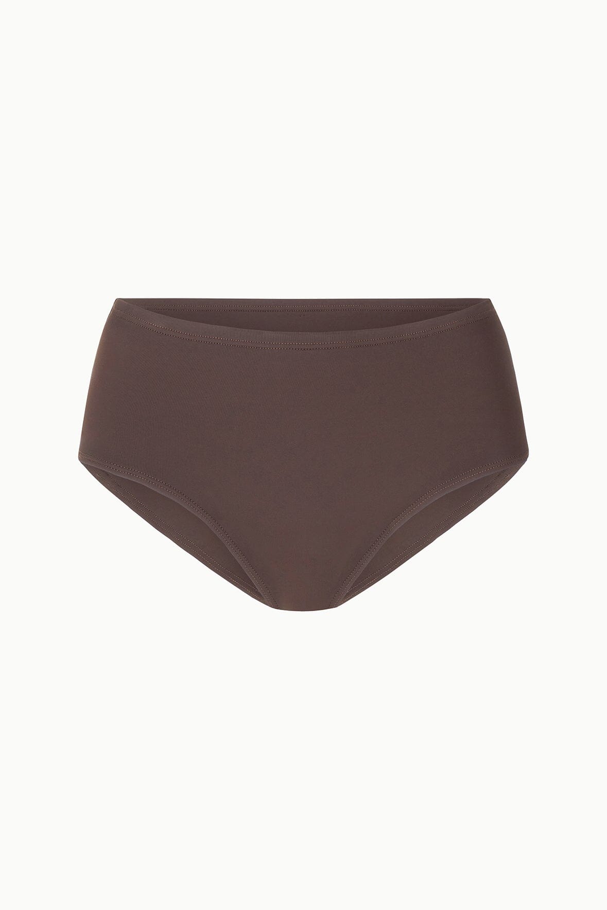 Flat-lay high-rise dark brown bikini bottom, smooth solid fabric