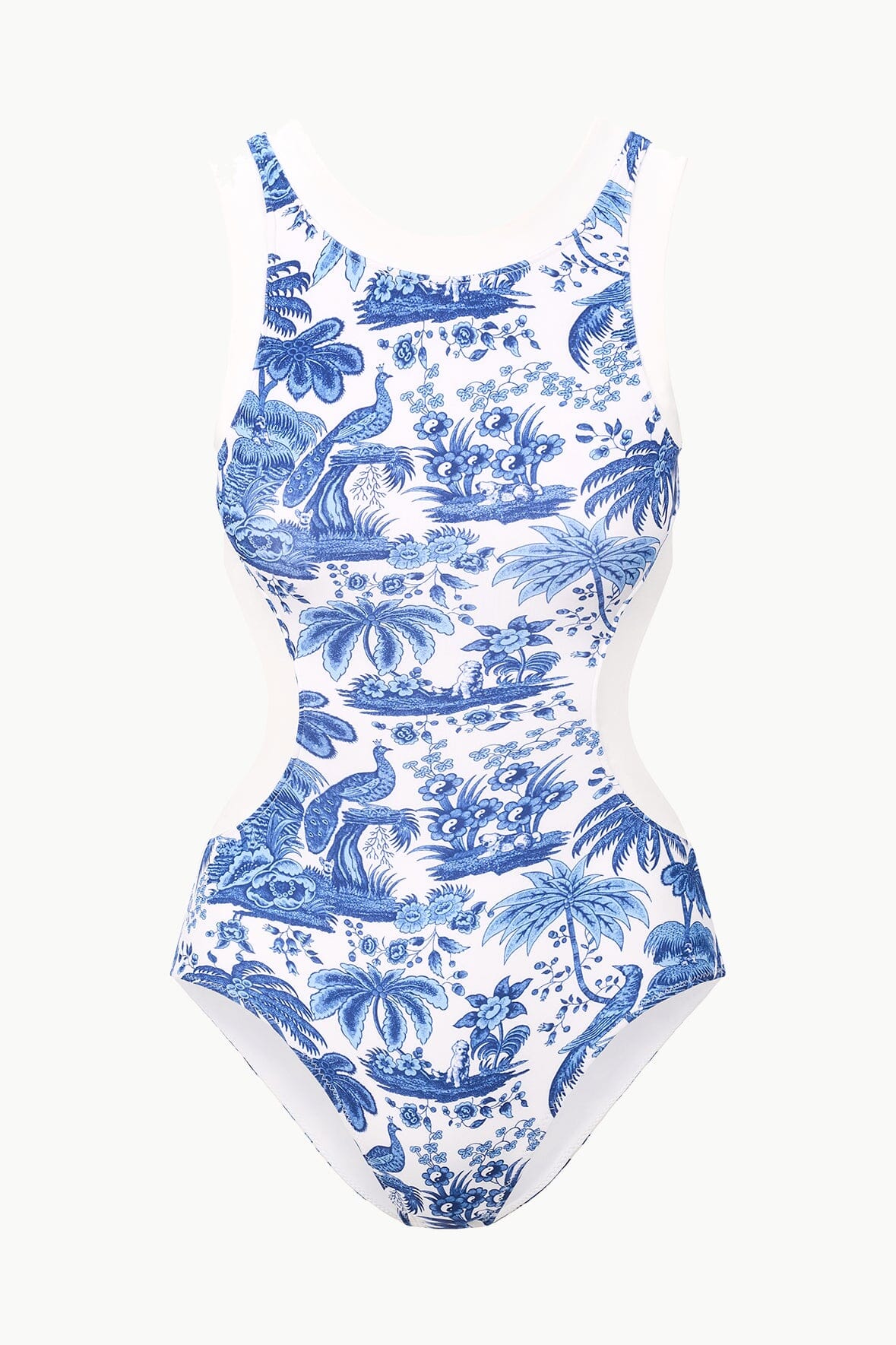 Blue and white toile print one-piece swimsuit with thin shoulder straps