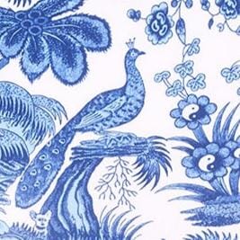 Close-up of blue and white toile print fabric on one-piece swimsuit