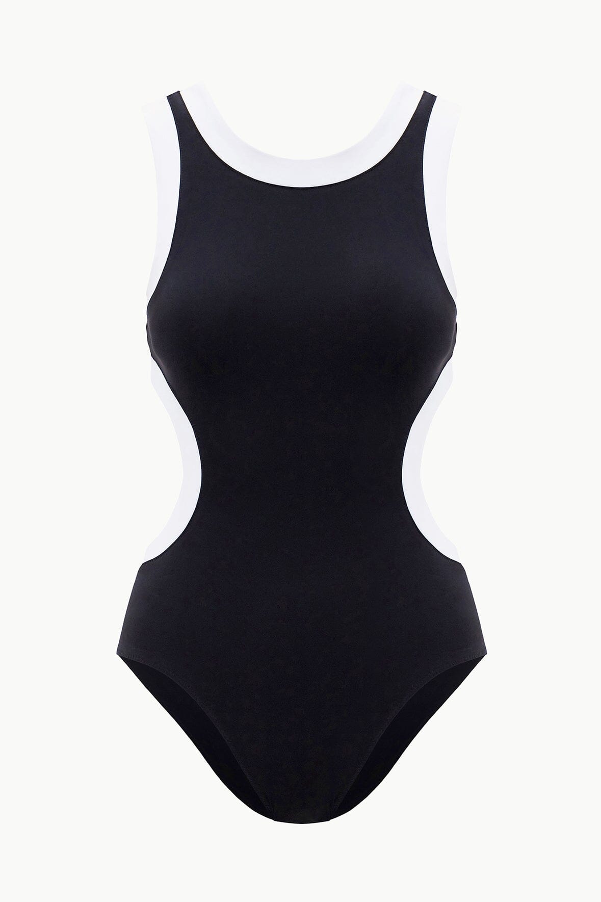 Black one-piece swimsuit with white trim, scoop neckline and high-leg cut