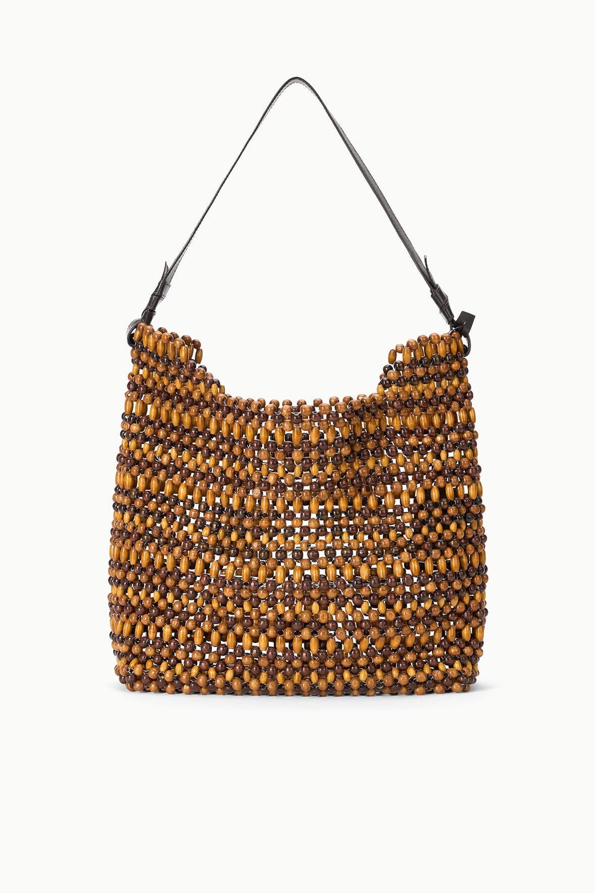 Multi wood bead hobo shoulder bag with black straps and textured beaded body
