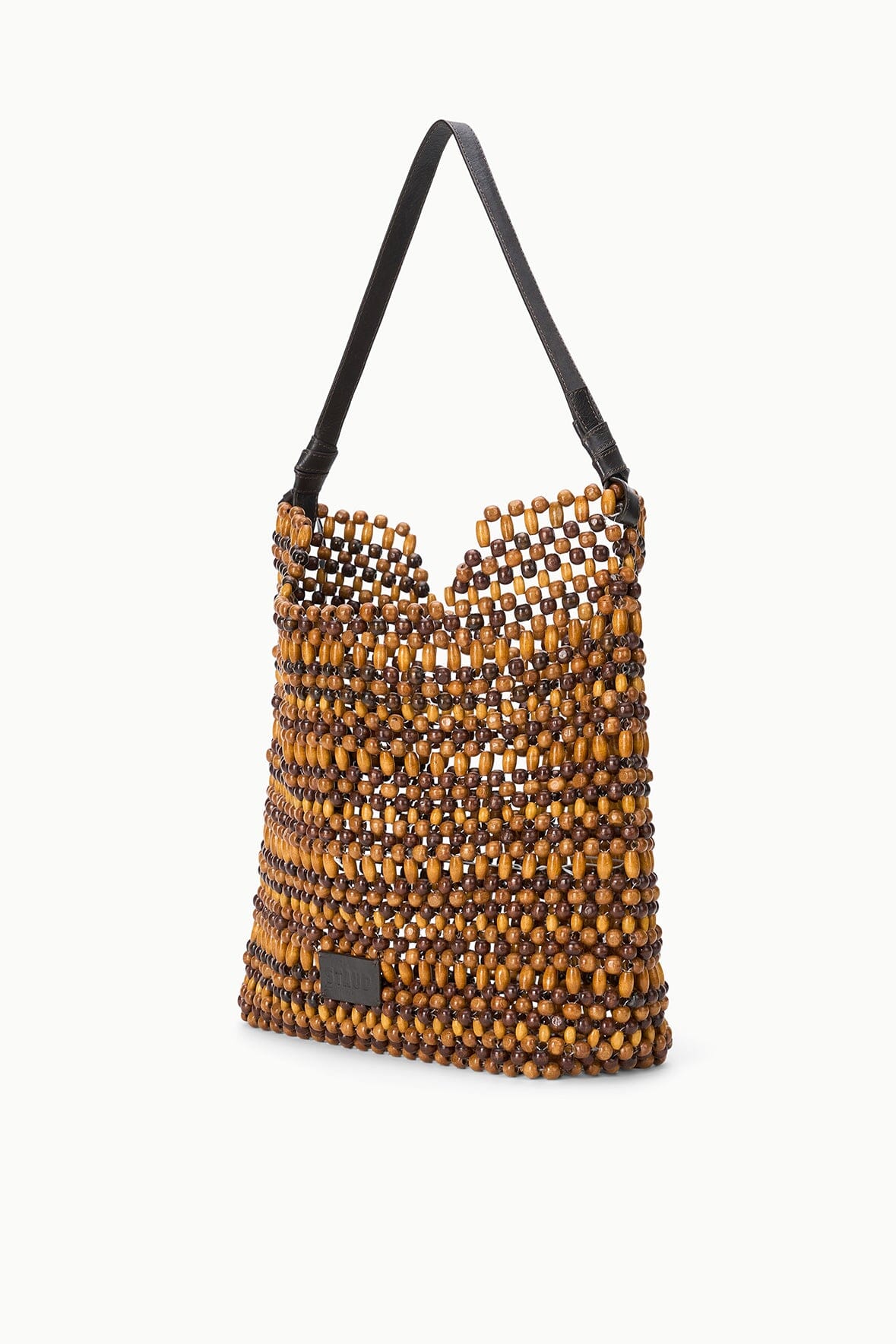 Multi wood bead tote bag with black handles, front panel, and side pocket detail