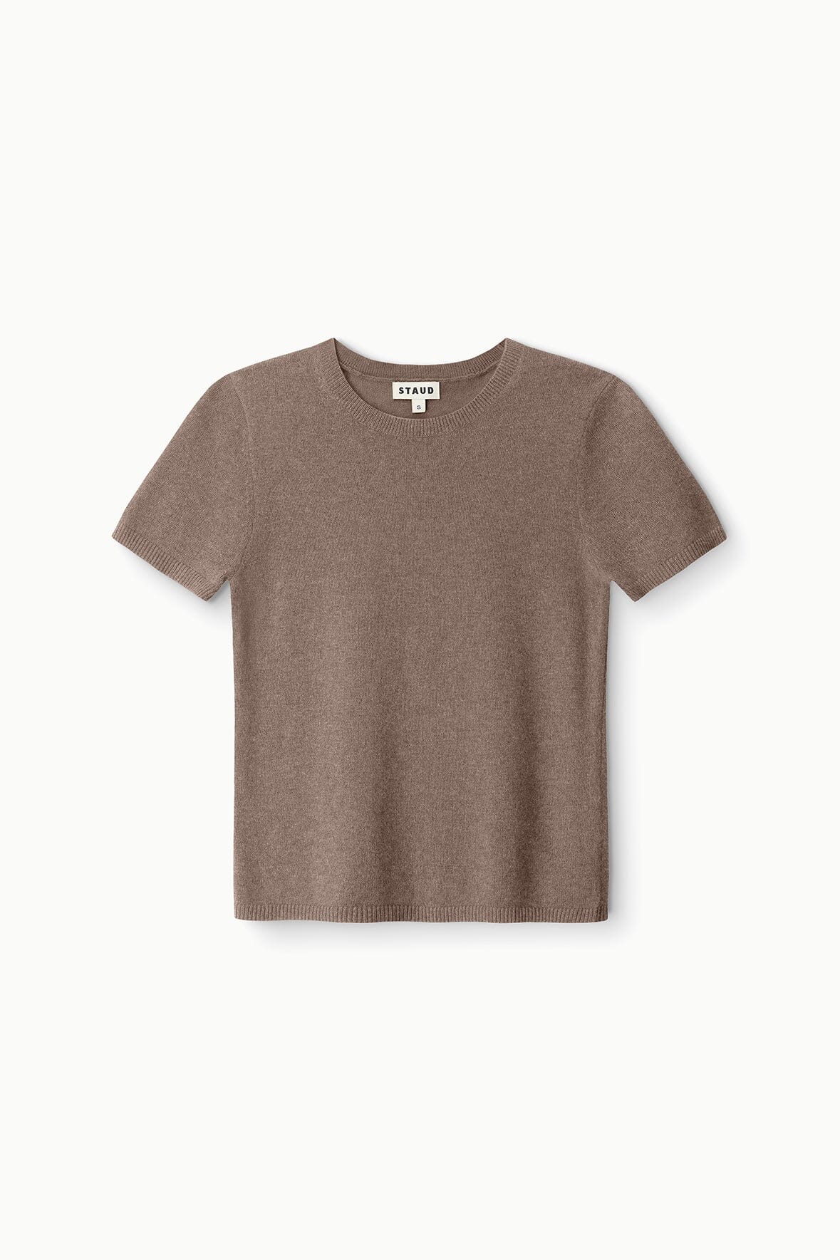 Truffle brown cashmere crewneck tee with short sleeves, pullover straight hem.