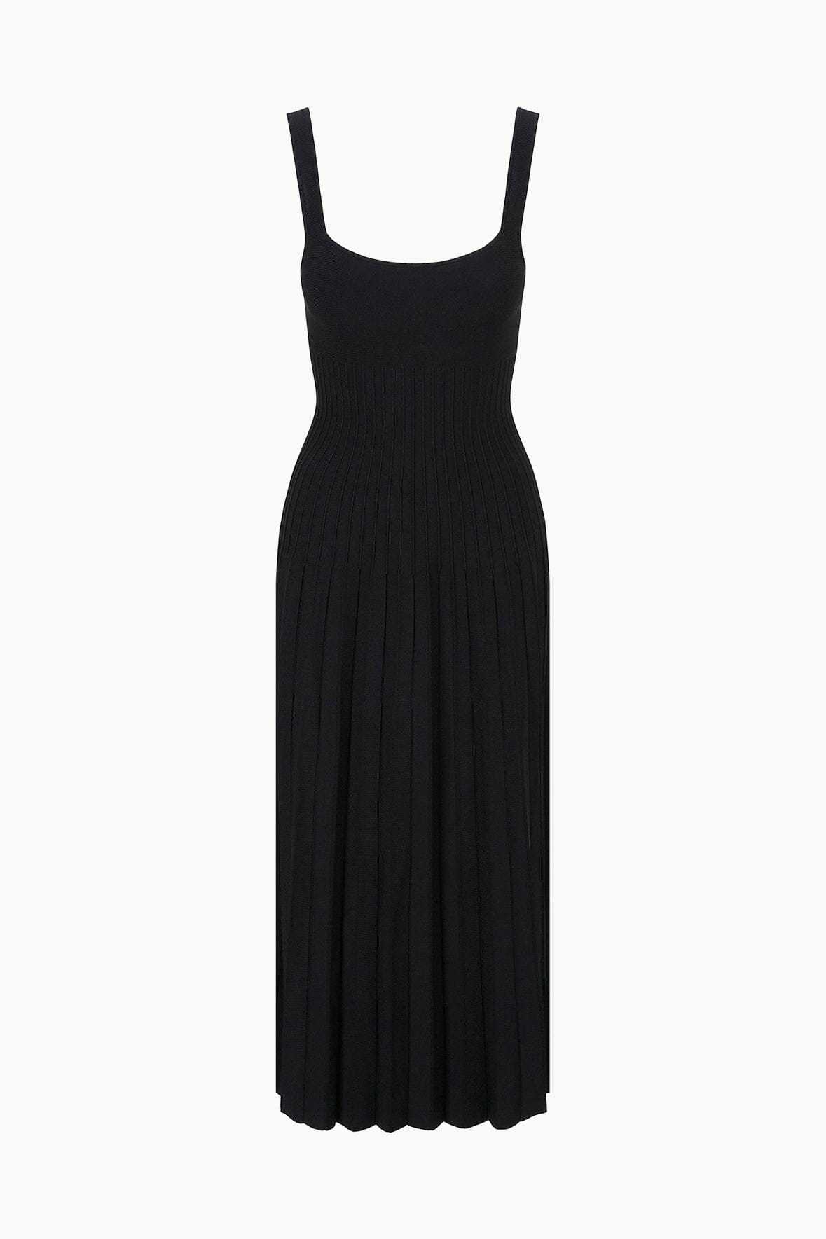 Black sleeveless midi dress with square neckline and pleated skirt