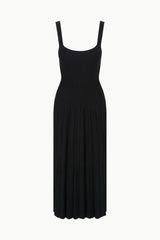 Black sleeveless midi dress with square neckline and pleated skirt
