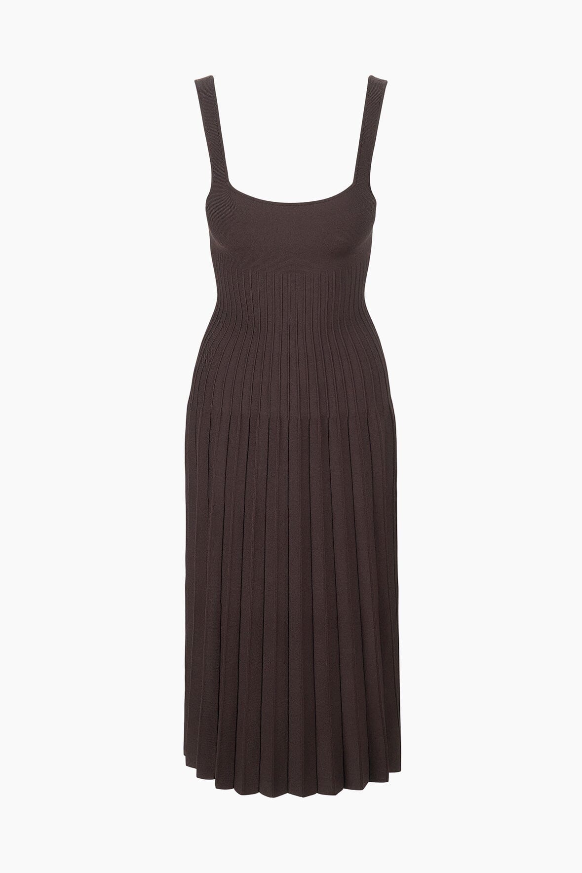 Dark brown sleeveless midi dress with straight straps and pleated ribbed skirt