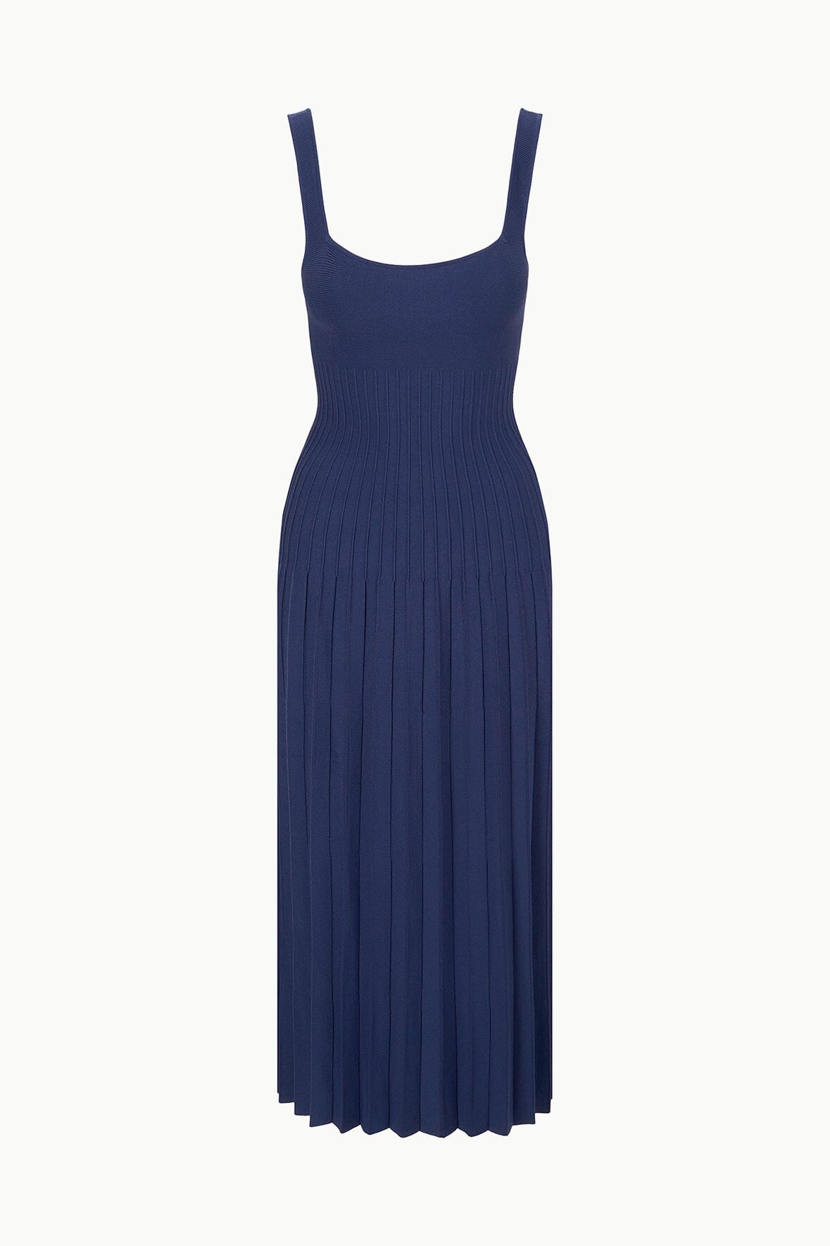 Navy sleeveless square-neck knit dress with pleated skirt