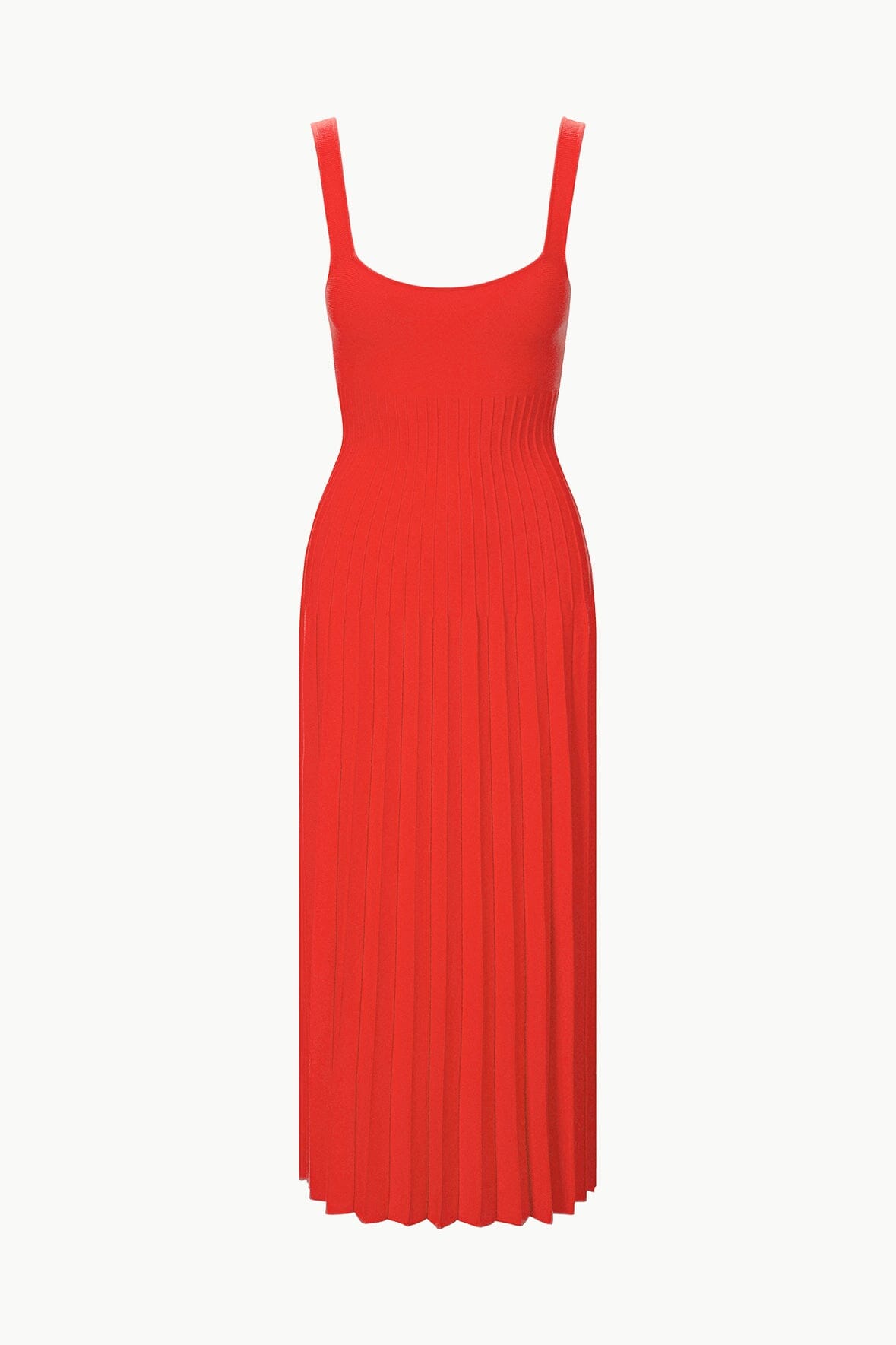 Red sleeveless pleated midi dress with square neckline