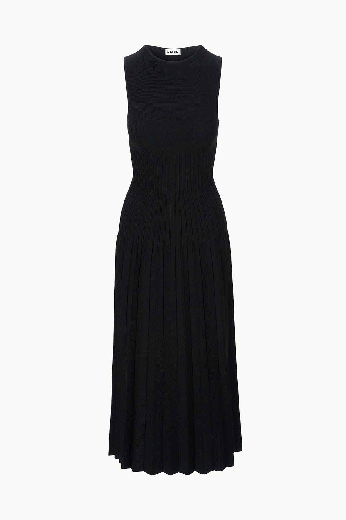 Black sleeveless midi knit dress on hanger, crew neck and pleated skirt