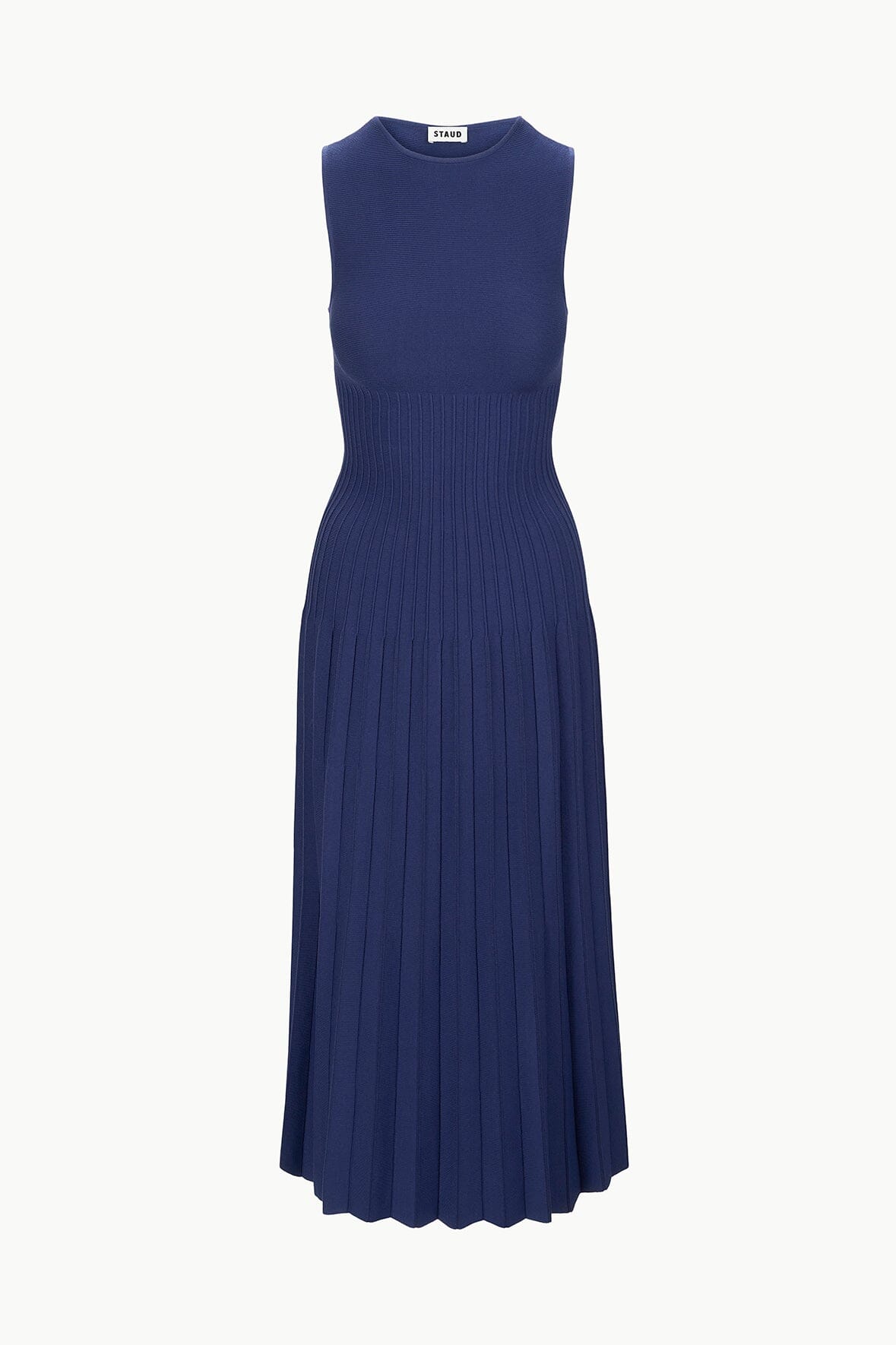ELYSE navy sleeveless midi dress on hanger, crew neck and pleated skirt